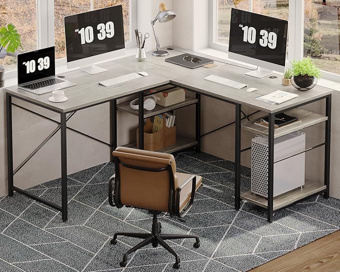 Bestier L Shaped Desk, 95.2 Inch Reversible Corner Computer Desk with Shelves, 2 Person Long Table for Home Office, Large Writing Storage Workstation with 3 Cable Holes, Rustic Brown, Grey Oak