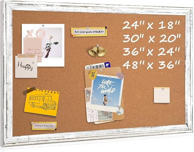Cork Board Bulletin Board, 24" x 18" Corkboard for Wall, Rustic Wooden Frame, Decorative Hanging Pin Board for Office Home School Decor