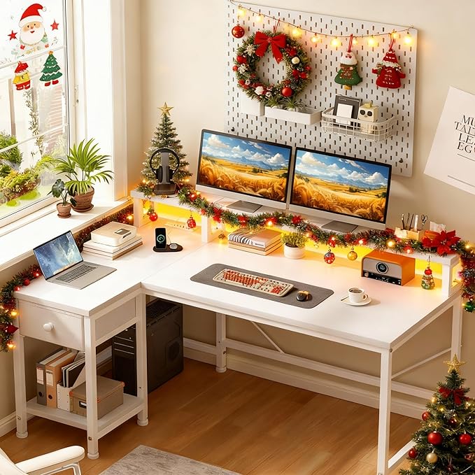 White Desk with Drawers, 40" L Shaped Computer Desk with Monitor Stand & LED Lights & Power Outlet for Small Room, Study Room, Bedroom, White