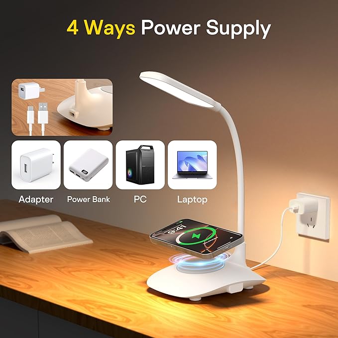 LED Desk Lamp Wireless Charging Desk Lamp with Touch Control Dimmable Office Desk Light Eye-Caring Office Lamp with Adjustable Gooseneck Table Lamp, Reading Lamp Table Lamp for Bedroom Bedside Study