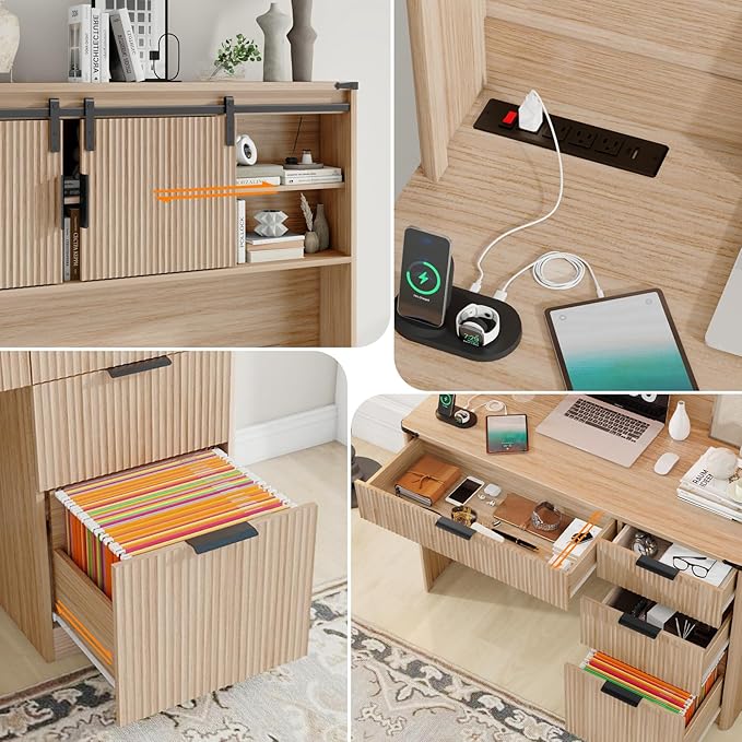 Vabches 67" H Executive Desk with Fluted Drawers,4 Drawers Fluted Computer Desk with LED Light,Charging Hub,Wood Workstation with Hutch and Sliding Barn Doors for Work and Study