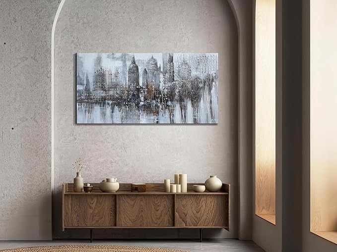 Arjun Abstract Cityscape Canvas Wall Art - New York City Modern Wall Decor, NYC Urban Skyline Painting Grey and White Textured Framed Large Artwork Living Room Bedroom Home Office 40"x20"