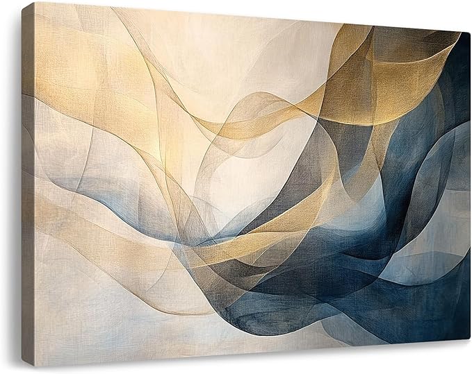 gaosoul Blue Gold Abstract Canvas Wall Art Original Oil Painting Giclee Print of Dynamic Curves Light Blue Champagne Tones with Textured Brushstrokes for Home Office Decor Framed 24x16in