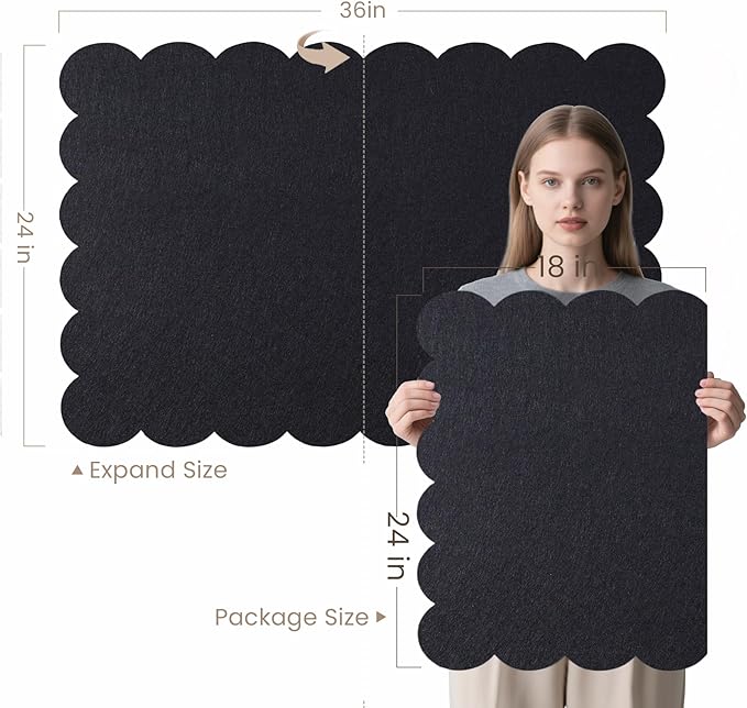 Scalloped Bulletin Board, 36 x 24 Inches Felt Pin Board - Decorative Cork Alternative for Wall, 3' x 2' Foldable Picture Self-Adhesive Vision Prayer Board with 20 Pushpins - Black