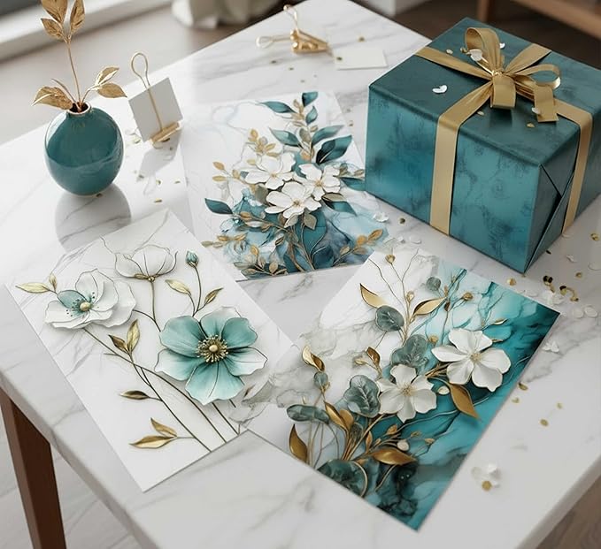 3Pcs White Gold Flower Canvas Wall Art Modern Luxury Blue White Gold Abstract Marble Floral Botanical Painting Picture Wall Decor Poster Print Artwork for Living Room Bedroom Home Decoration Unframed