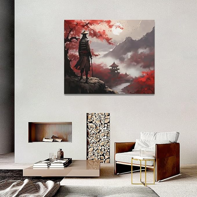 yerretin Japanese Bushido Wall Art Samurai Pictures Wall Decor Ancient Japan Warrior Canvas Landscape Painting Home Decoration Artwork for Bathroom Bedroom Living Room Office Framed 20"x16"