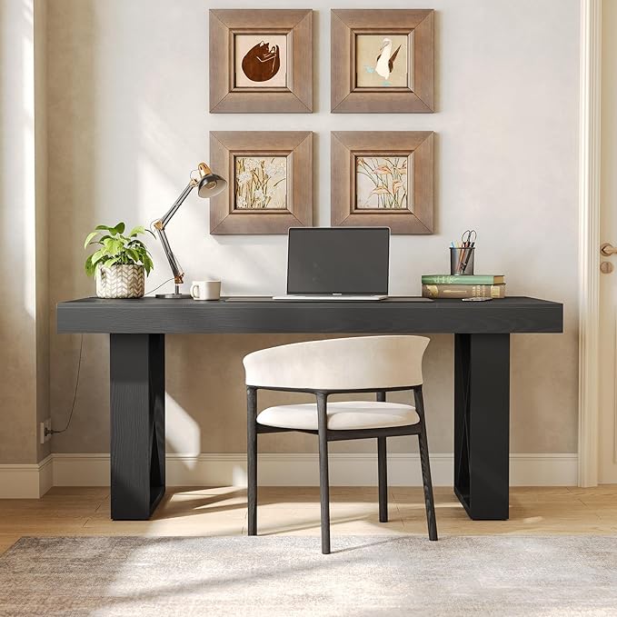 LITTLE TREE 63-Inch Long Computer Desk, Simple Wood Thick Appearance Design, Study Writing Gaming Work Executive Desk for Home Office, Black