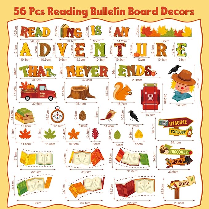 Pasimy 59 Pcs Fall Thanksgiving Reading Bulletin Board Fall Reading is an Adventure Bulletin Board Classroom Decoration Maple Leaves Paper Cutouts for Autumn Thanksgiving Chalkboard Wall Decor(Road)