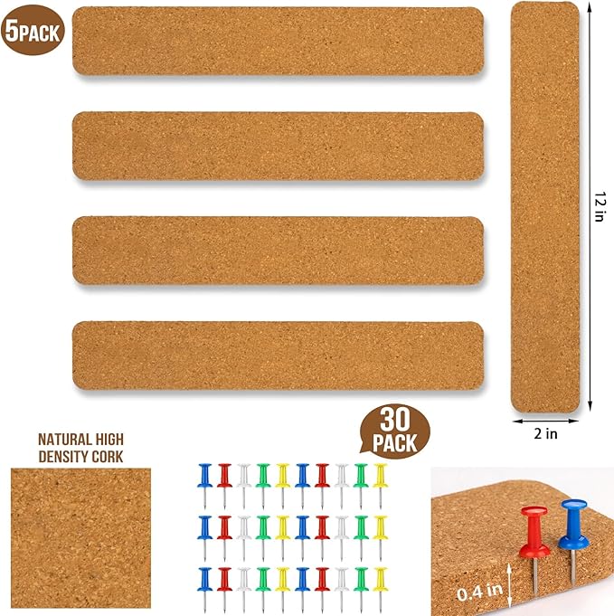 5 Pcs Corkboard Strips for Walls, Self-Adhesive Small Cork Board for Walls with 30 Pushpins, Perfect for Home Classroom Office