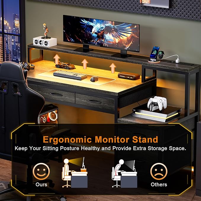 REAHOME 61 Inch Gaming Desk with Charging Station and LED Lights, Reversible Computer Desk with Storage Drawer and Monitor Stand, Modern Desk Table with File Cabinet & Side Pocket, Grey Oak