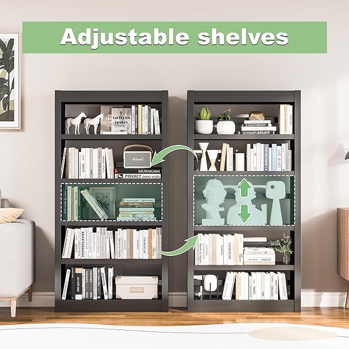 61" Tall Metal Bookshelf,5-Tier Display Bookcase,Industrial Open Bookcases with Adjustable Shelves,Black Standing Modern Bookshelves for Library,Office,Bedroom,Living Room