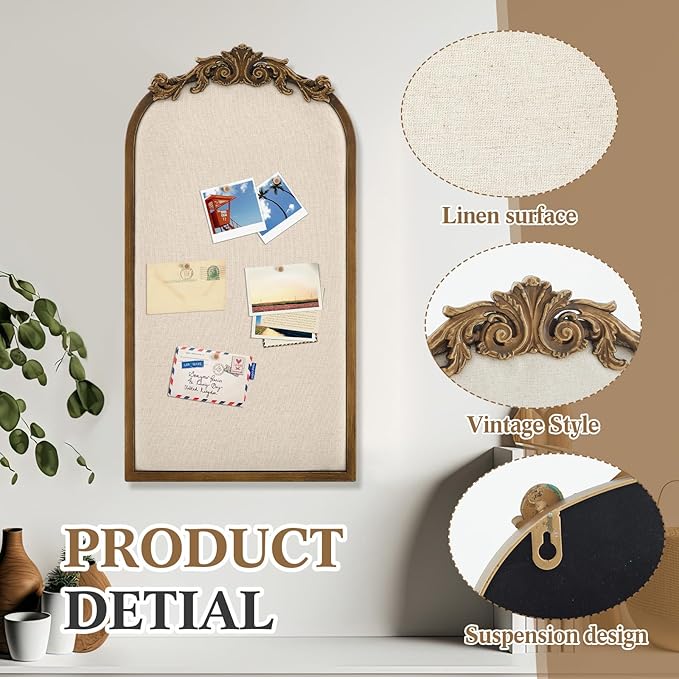 Vintage Framed Pin Board Linen Display Bulletin Board Large Cork Fabric Picture Photo Pinboard Memo Ornate Decorative Pinboard Ornate for Wall Gift(Arch,13" X 25",Vintage Golden)