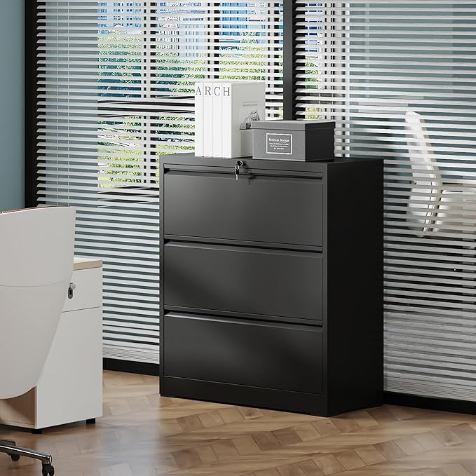 KEIKI 3 Drawer Lateral File Cabinet with Lock, 40.4" Heavy-Duty Metal Filing Cabinet, Wide Storage for Letter/Legal/A4/F4, Silent Full-Extension Slides, Anti-Tilt Safety for Home Office, Black