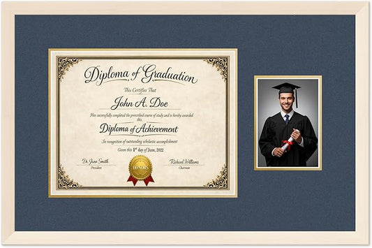 Diploma Frame With Photo Opening Coastal Whitewash Navy Blue Over Gold Mat - Fits 14 x 11 Degree and Picture Made in the USA