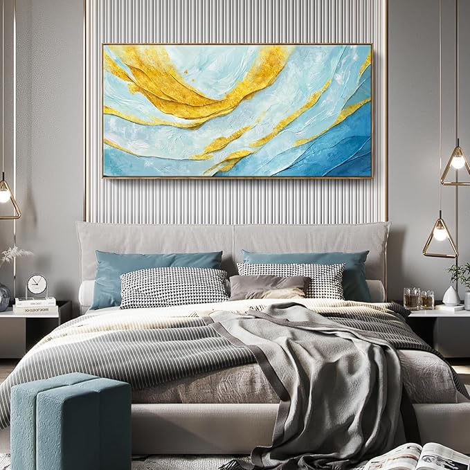 Nicetop Extra Large Framed Abstract Canvas Wall Art – Blue Gold Modern Oversized Picture Flowing Lines Art Print – Horizontal Wall Decor with Wood Frame for Living Room Bedroom Home Office 58x29Inch
