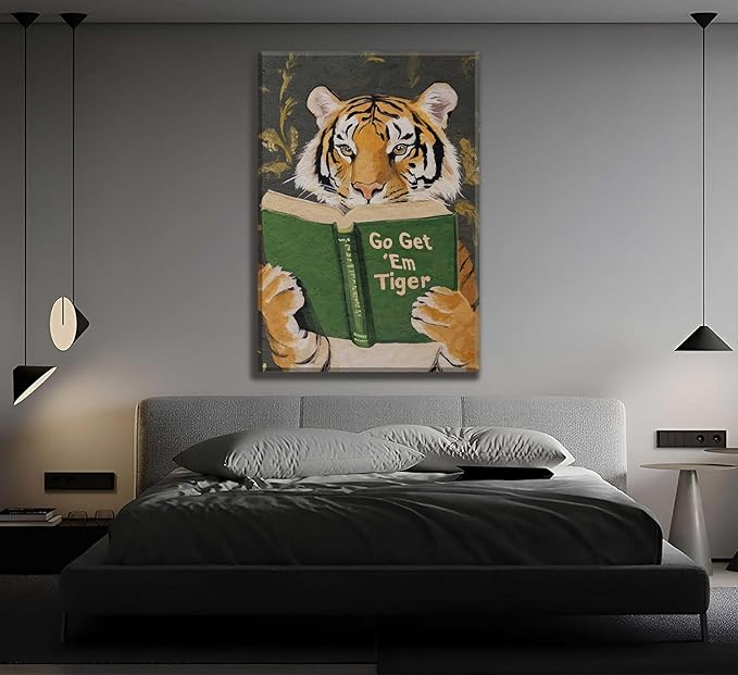 Vintage Motivational Tiger Reading Wall Art Go Get Em Tiger Canvas Wall Decor Funny Cute Prints Painting Humorous Bookworm Poster Picture For Home Bedroom Dorm Framed