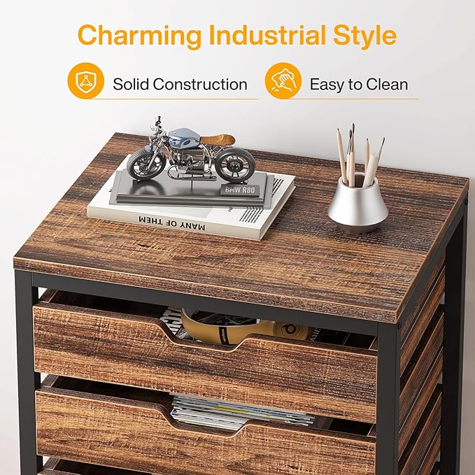 Tribesigns 5-Drawer File Cabinet, Wood Mobile Storage Drawer Unit, Industrial Office Cabinet with Drawers & Wheels, Rolling Printer Stand for Home Office (Rustic Brown)