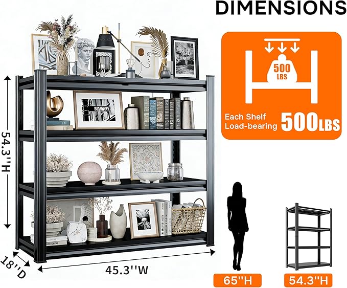 4-Tier Industrial Book Shelf, Tall Bookcase, Office Shelf Storage Organizer, Adjustable Heavy Duty Bookshelves, Modern Book Shelf for Living Room, Bedroom, and Home Office, Black, 54.3"H*18"D*45.3"W