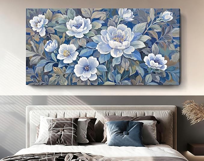 amatop Oversized Wall Art Large Floral Blue Canvas Picture Modern Canvas Wall Decor For Living Room Botanical Artwork Abstract Art Print For Dining Room Bedroom Hallway And Office 58X29