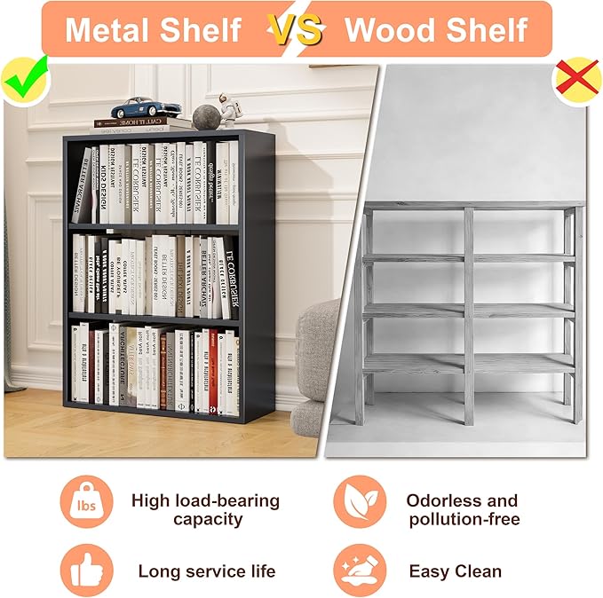 4-Tier Steel Standing Book Shelf, Multipurpose Open Storage Rack for Entryway, Living Room, Bedroom, Garage，Metal Bookshelf/Bookcase,Small Shelf (Black, 35.4" Hx27.5 Wx11.8 D)