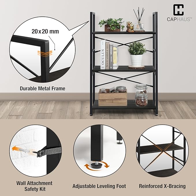 CAPHAUS 2 Tier Small Bookshelf, Bookcase Shelf Storage Organizer for Living Room, 24 Inch Width Free Standing Shelf, Industrial Book Shelves for Home Office, Black Vintage Shelves & Metal Frame