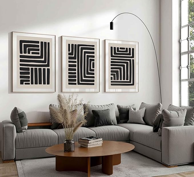 3 Pcs Boho Abstract Lines Canvas Wall Art Modern Neutral Minimalist Bohemian Black Geometric Line Picture Wall Decor Poster Print Artwork for Living Room Bedroom Office Home Decoration Unframed