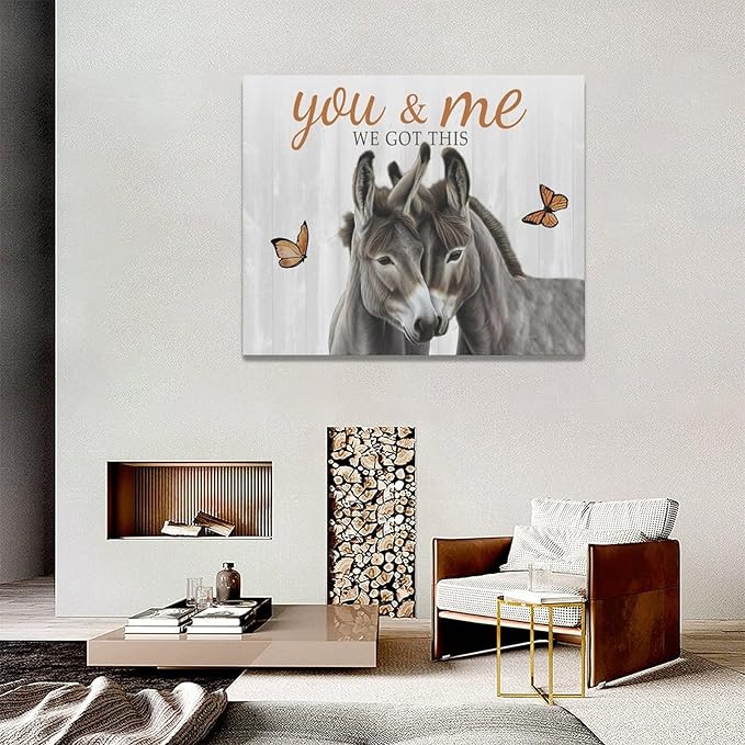 yerretin Farmhouse Donkey Wall Art Country Love Pictures Wall Decor Rustic Animal Canvas Painting Home Decoration Artwork for Bathroom Bedroom Living Room Office Framed 20"x16"