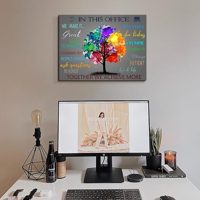 WOWGOOMO The Office Wall Art Positive Affirmations Quotes Wall Décor Colorful Tree Canvas Picture Aesthetic Room Framed Artwork for Home Office Bedroom School Classroom Consulte Decoration 12x16 Inch