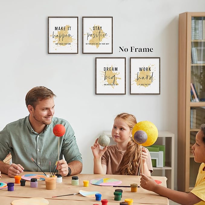 QLMX Gold Office Inspirational Wall Art Prints Set of 4, Motivational Gold Prints Wall Decor for Office Women Men, Positive Quotes Poster for Home 8”x10” Unframed
