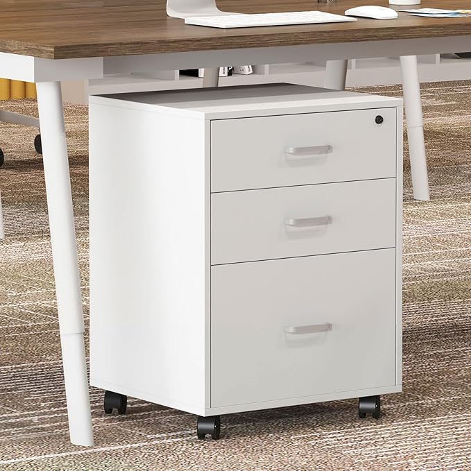 Need 3 Drawer Wood Mobile File Cabinet with Lock,Rolling Filing Cabinet for Letter/A4 Size for Home Office,White,10CZLXFC04WT-ND-XIN