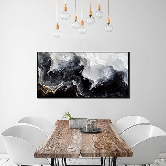 AOZEMI White Wall Art Black Pictures Art Abstract Wall Decor for Bedroom Office Modern Foggy Artwork 24"x 48"