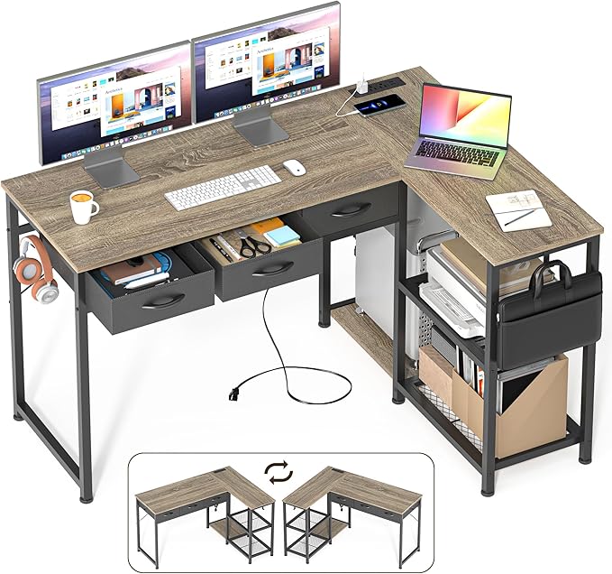 Gizoon 53 Inch L Shaped Computer Desk with Drawers, Corner Desk with Power Outlets & Reversible Storage Shelves with CPU Stand and 2 Hooks for Home Office Gaming (Grey)