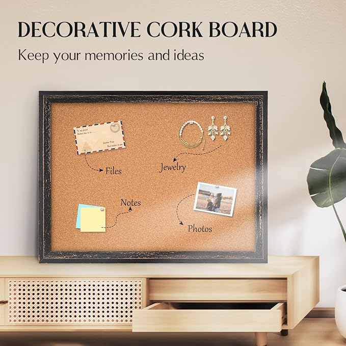 Cork Bulletin Board, 36" x 24" Corkboard for Wall, Rustic Black Wooden Frame, Hanging Pin Board for Home & Office Decor, 10 Push Pins