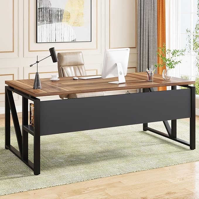 Tribesigns 63 inches Computer Desk with Bottom Storage Shelf Home Office Desk Writing Table for Workstation, Dark Walnut + Steel Leg, Cabinet not Included (Walnul, 63-inch-with Shelf)