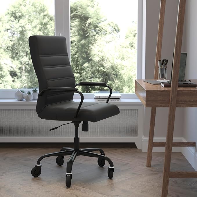 Flash Furniture Whitney High Back Black LeatherSoft Executive Swivel Office Chair with Black Frame, Arms, and Transparent Roller Wheels