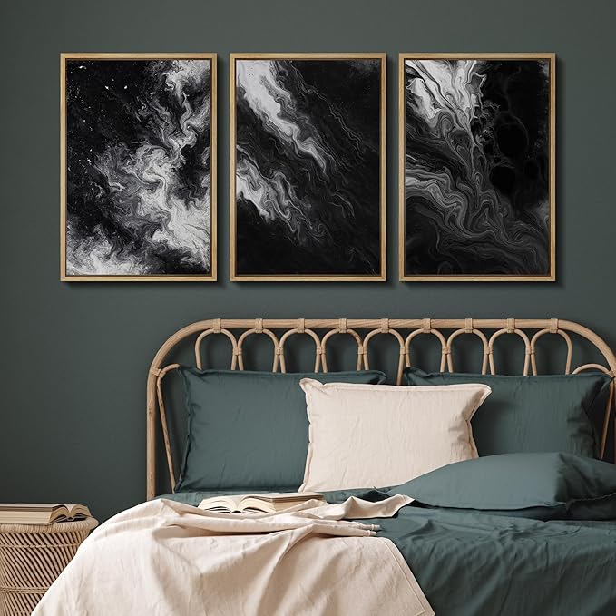 SIGNFORD Framed Wall Art Print Set Black and White Marble Abstract Modern Fluid Digital Art Modern Art Contemporary for Living Room, Bedroom, Office - 24"x36"x3 Natural
