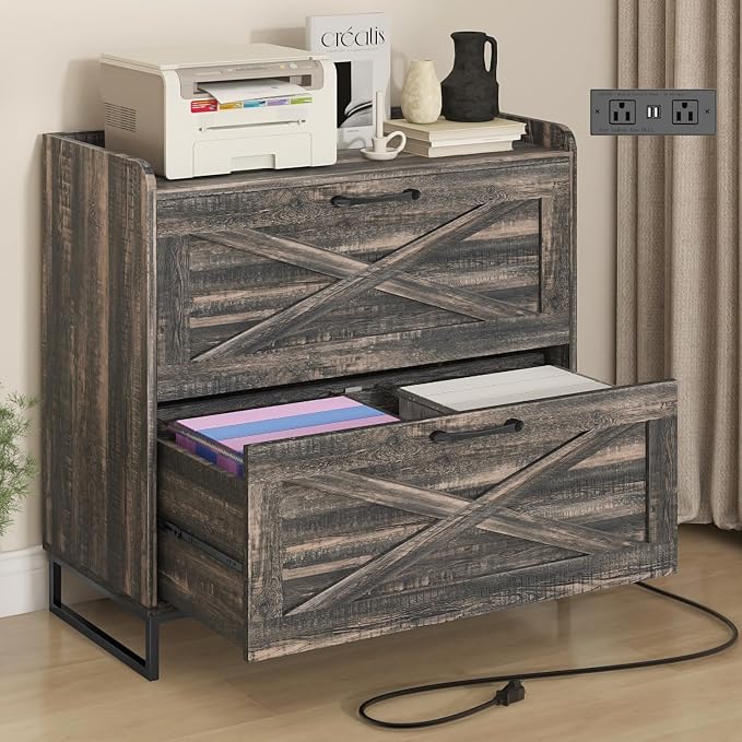File Cabinet 2 Drawers Lateral File Cabinet with Charging Station for Letter/Legal/A4 Size Hanging Files, Large Wood File Storage Cabinets Printer Stand for Home Office, Dark Rustic Oak