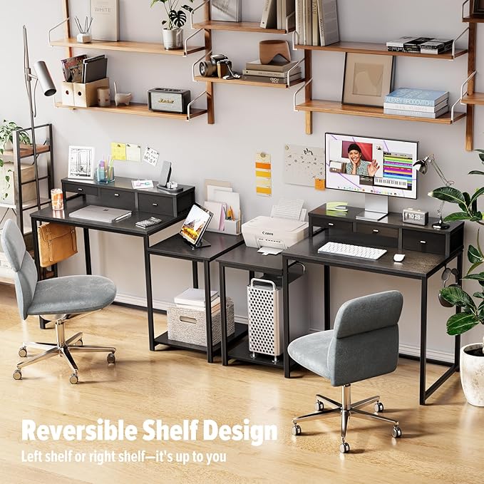SINPAID 47 inch Computer Desk with Printer Shelf, Gaming Desk with Monitor Stand and Drawers, Reversible Home Office Desk with Storage Shelves and 2 Hooks, Home Workstation for Study Writing, Black