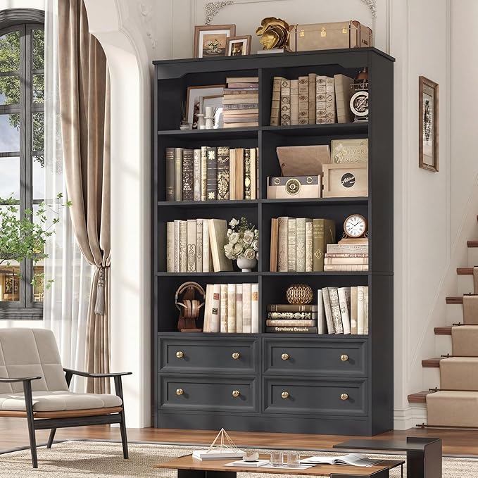 FINETONES 71" Black Bookshelf with 4 Drawers, 6-Tier Double Wide Bookshelves and Bookcases with Storage, Tall Bookshelf Large Open Bookshelves Standing Book Cabinet for Home Office, Black