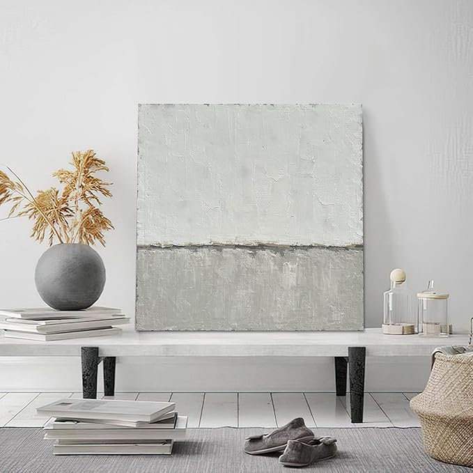 NANKAI Art Hand-Painted Abstract Canvas Wall Art Featuring a Minimalist Design in Gray White Acrylic Painting Original Modern Home Decoration Art Can be Hung Directly on The Wall. 24x24 inches