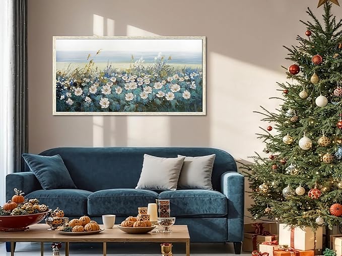Arjun Flower Wall Art Canvas Framed Daisy Floral Textured Painting for Living Room, Bedroom Picture Artwork Dining Room Office Home Wall Decor, Large 48"x24"
