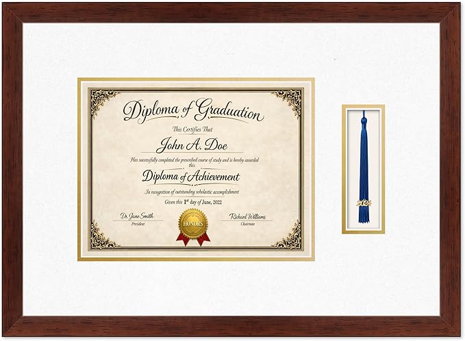Diploma Frame with Tassel Holder Rustic Walnut Shadowbox Oyster Shell Over Gold Mat - Fits 11 x 8.5 Degree Made in the USA