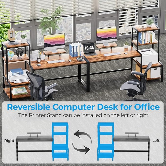 GreenForest Computer Desk 58 inch with Printer Shelf, Reversible Office Desk with Monitor Stand and 2 Hooks, Home Workstation for Study Writing Working Gaming, Brown