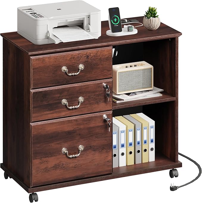 DEVAISE 3 Drawer File Cabinet with Charging Station, Wood Lateral Filing Cabinet with Lock, Rolling Printer Stand with Storage for Home Office, Brown Oak