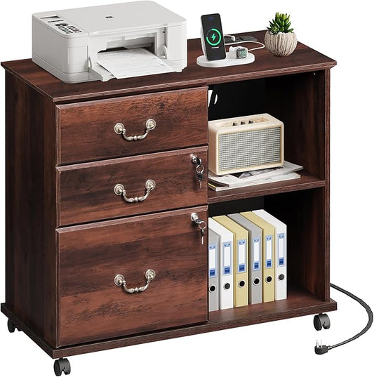 DEVAISE 3 Drawer File Cabinet with Charging Station, Wood Lateral Filing Cabinet with Lock, Rolling Printer Stand with Storage for Home Office, Brown Oak