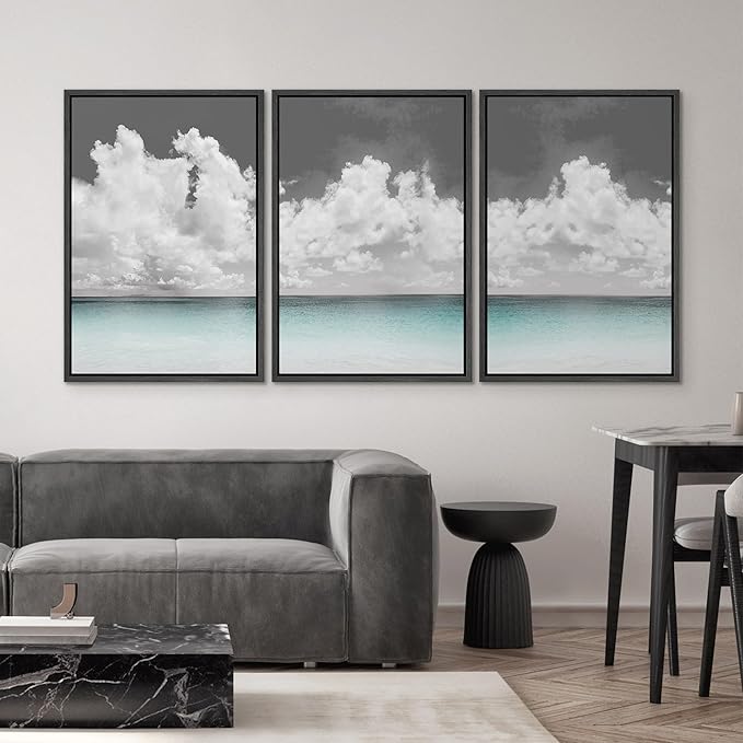 SIGNWIN 3 Piece Framed Canvas Wall Art Clouds Above The Blue Ocean Nature Wilderness Illustrations Abstract Traditional Relax/Calm Home Artwork Decoration for Living Room,Bedroom - 24"x36"x3 Black