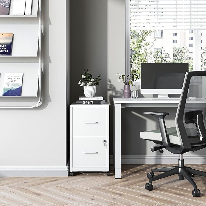 2 Drawer File Cabinet on Wheels, Mobile Filing Cabinets with Lock, Metal Storage Cabinet, Vertical Filing Cabinets for Home Office, Rolling File Cabinets for Under Desk,Amssebly Required,White
