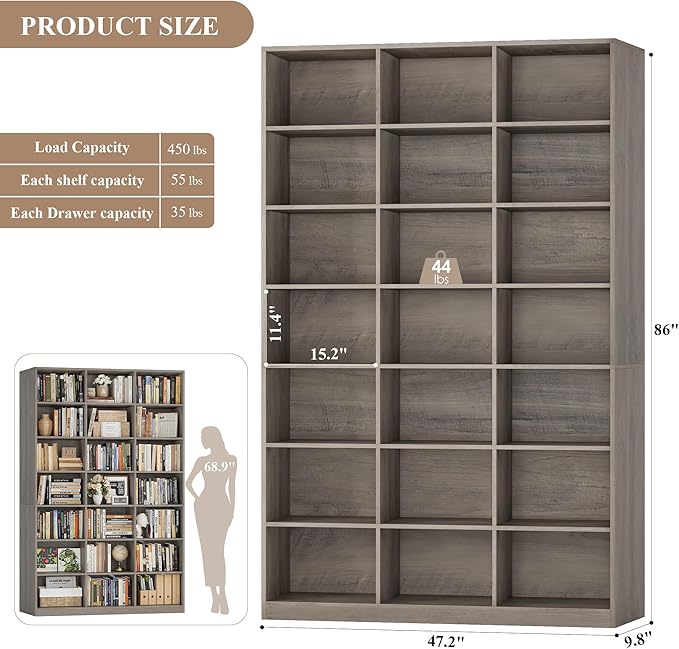 HOSTACK 86"H Triple Wide Bookshelf and Bookcase, 7 Tier Tall Bookshelf with Storage, Large Bookcase with 21 Open Display Storage Shelves, Wood Book Shelf Media CD DVD Storage for Living Room, Ash Gray