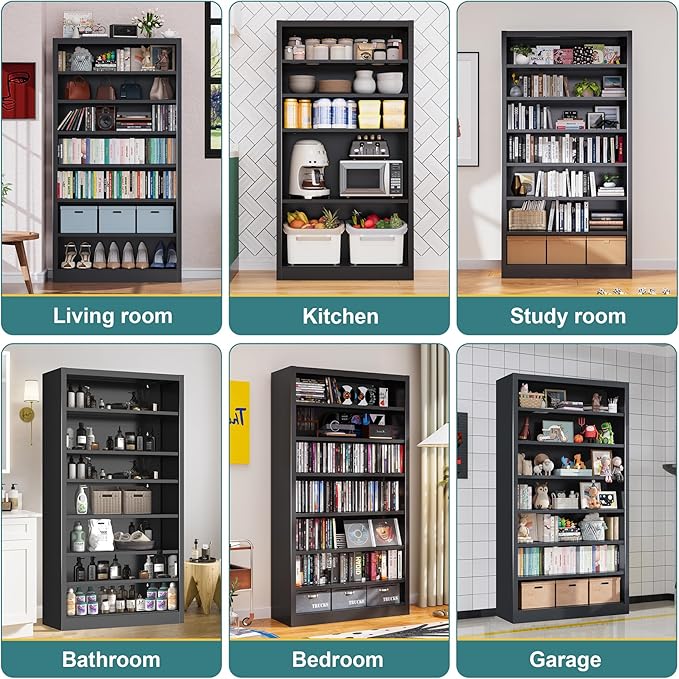 Bookcase,7 Tier Bookshelf,55" Tall Free Standing Metal Bookcase with Adjustable Storage Shelves,Wide Bookshelf for Bedroom Living Room Home Office School (Black, 7 Tier 55"H x 27.5"W x 11.8"D)