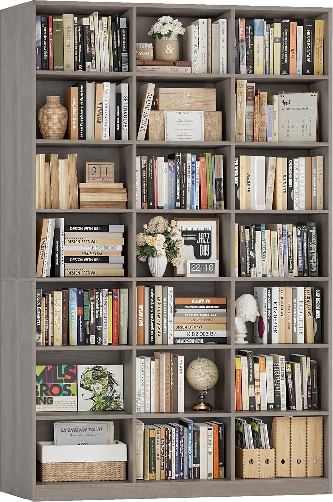 HOSTACK 86"H Triple Wide Bookshelf and Bookcase, 7 Tier Tall Bookshelf with Storage, Large Bookcase with 21 Open Display Storage Shelves, Wood Book Shelf Media CD DVD Storage for Living Room, Ash Gray